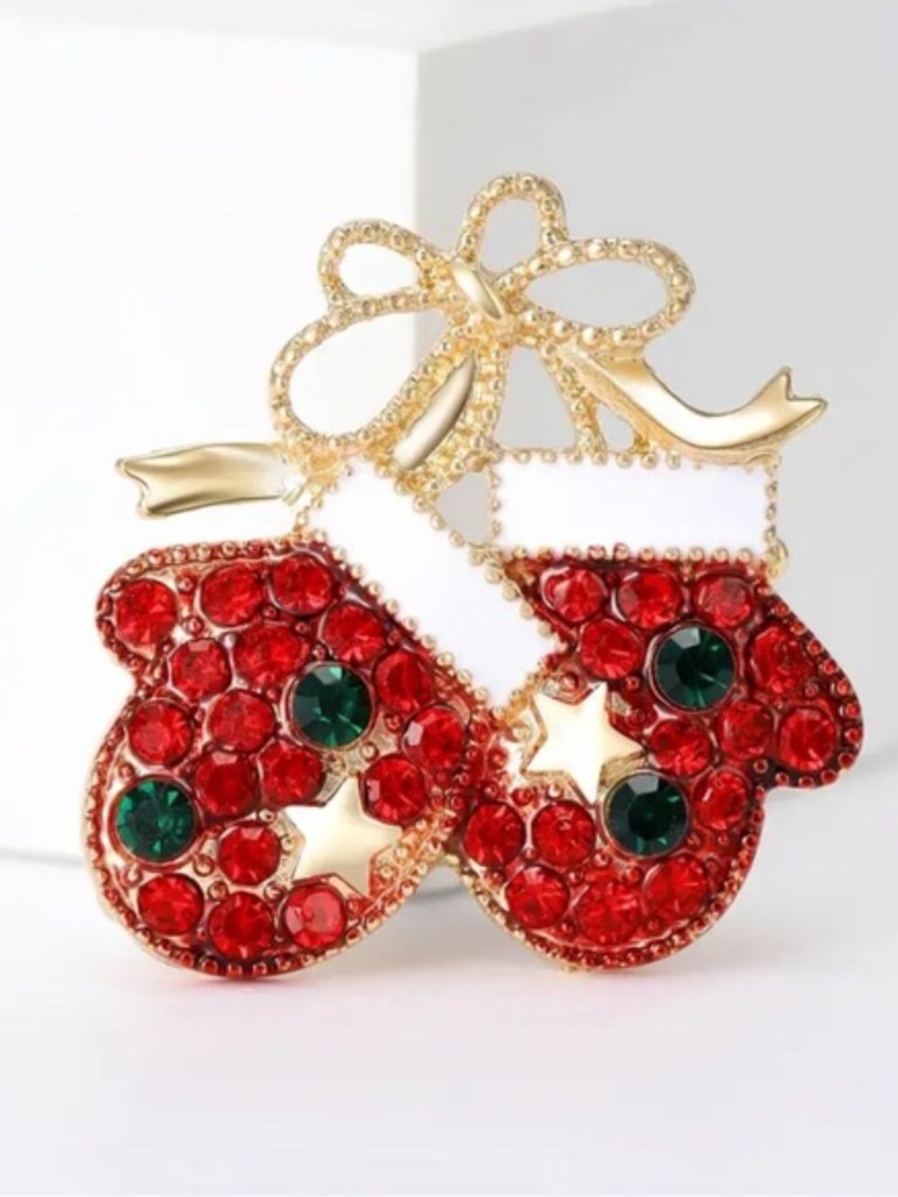 Festive Red and Gold Mittens Brooch, Christmas Brooch, Holiday Brooch